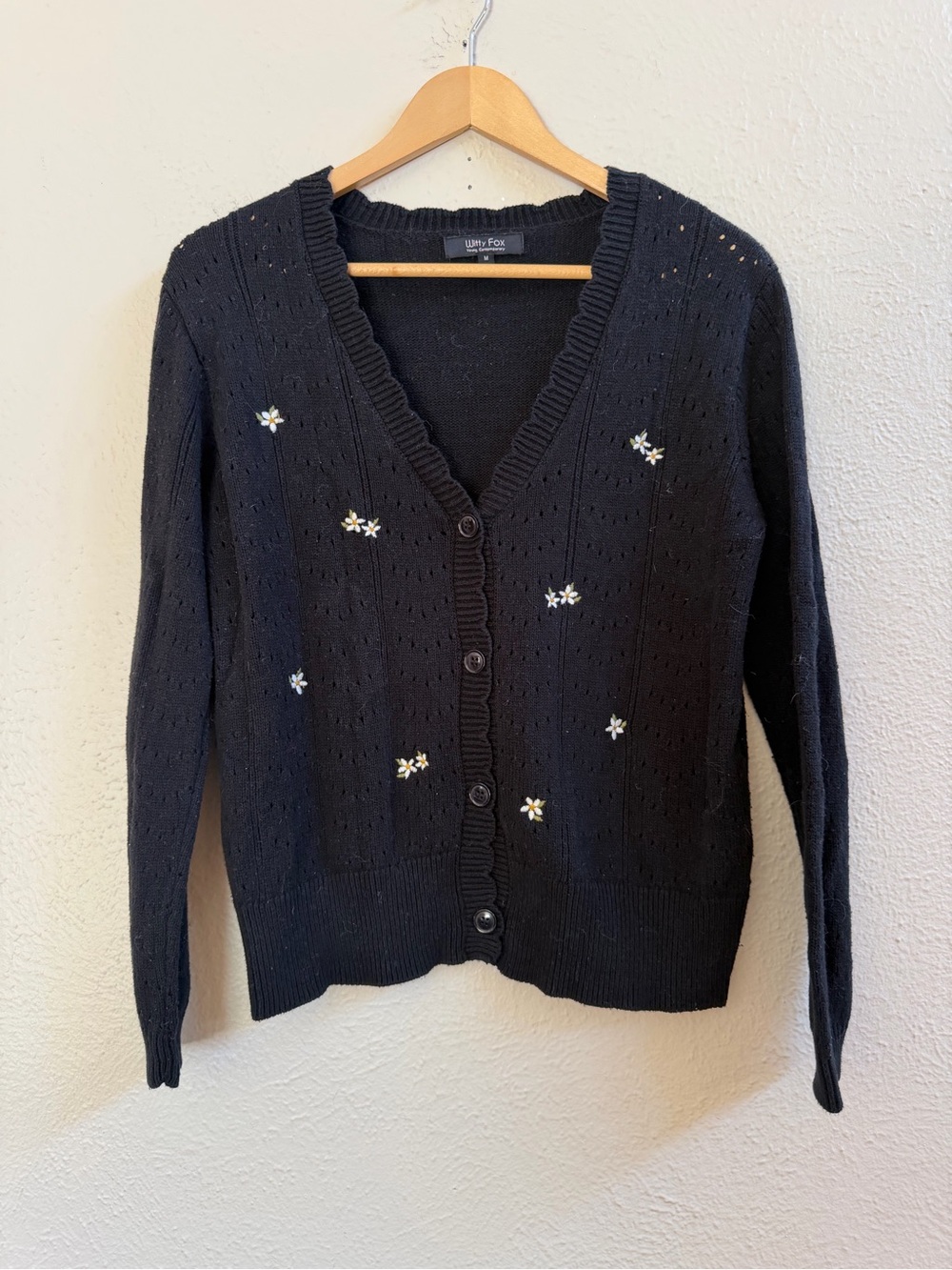 Witty Fox black pointelle sweater with white daises